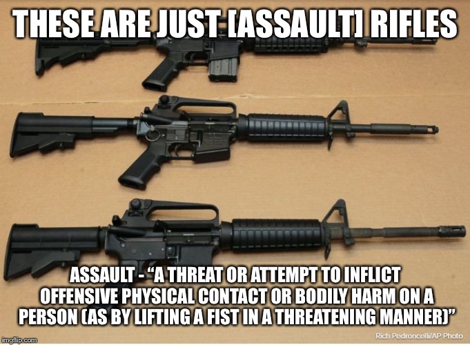 AR15 | THESE ARE JUST [ASSAULT] RIFLES; ASSAULT - “A THREAT OR ATTEMPT TO INFLICT OFFENSIVE PHYSICAL CONTACT OR BODILY HARM ON A PERSON (AS BY LIFTING A FIST IN A THREATENING MANNER)” | image tagged in ar15 | made w/ Imgflip meme maker