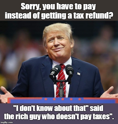 Born rich, never had to work. | Sorry, you have to pay instead of getting a tax refund? "I don't know about that" said the rich guy who doesn't pay taxes". | image tagged in trump,rich,taxes,no refund,sorry suckers,donald trump approves | made w/ Imgflip meme maker