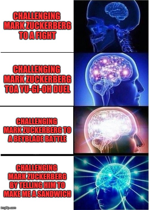 Expanding Brain Meme | CHALLENGING MARK ZUCKERBERG TO A FIGHT; CHALLENGING MARK ZUCKERBERG TOA YU-GI-OH DUEL; CHALLENGING MARK ZUCKERBERG TO A BEYBLADE BATTLE; CHALLENGING MARK ZUCKERBERG BY TELLING HIM TO MAKE ME A SANDWICH | image tagged in memes,expanding brain | made w/ Imgflip meme maker