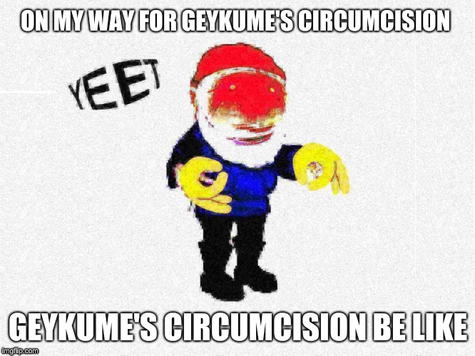YEET | ON MY WAY FOR GEYKUME'S CIRCUMCISION; GEYKUME'S CIRCUMCISION BE LIKE | image tagged in gnome,geykume's circumcision | made w/ Imgflip meme maker