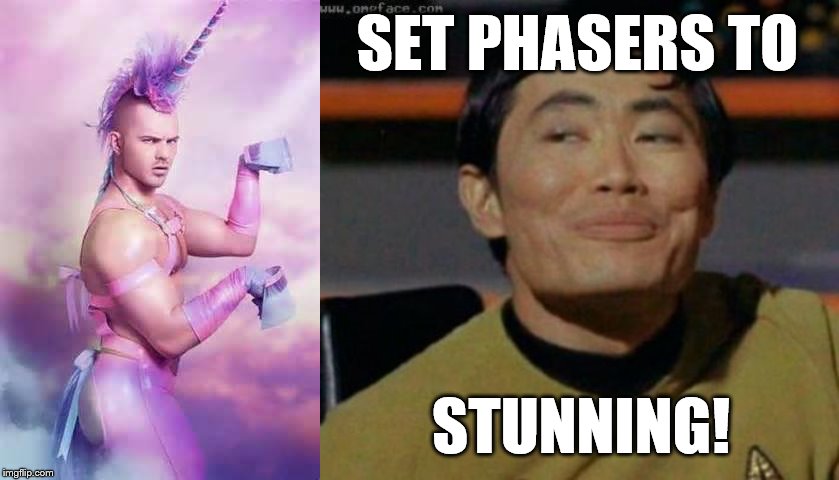 Unicorns and beefcake, oh my! | SET PHASERS TO; STUNNING! | image tagged in gay unicorn,sulu,phasers,star trek | made w/ Imgflip meme maker