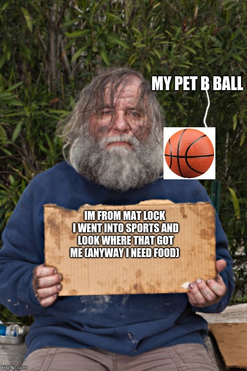 Blak Homeless Sign | MY PET B BALL; IM FROM MAT LOCK I WENT INTO SPORTS AND LOOK WHERE THAT GOT ME (ANYWAY I NEED FOOD) | image tagged in blak homeless sign | made w/ Imgflip meme maker