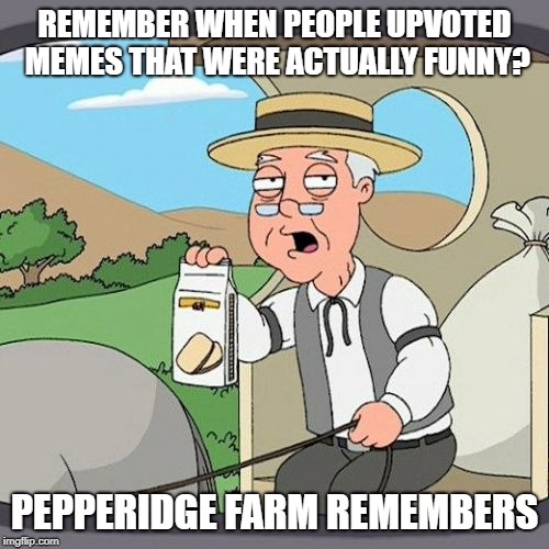 Pepperidge Farm Remembers Meme | REMEMBER WHEN PEOPLE UPVOTED MEMES THAT WERE ACTUALLY FUNNY? PEPPERIDGE FARM REMEMBERS | image tagged in memes,pepperidge farm remembers | made w/ Imgflip meme maker