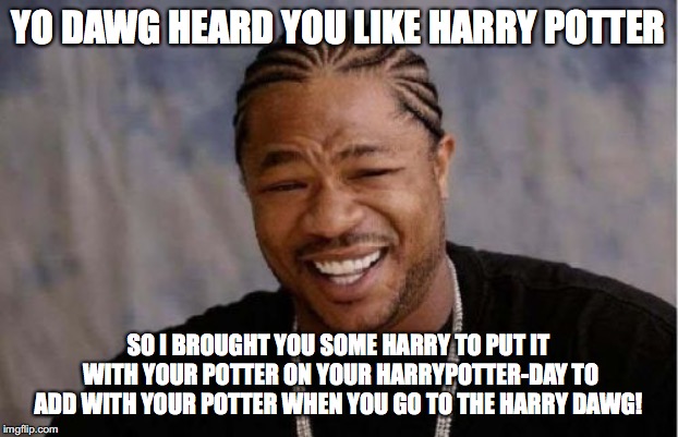Yo Dawg Heard You Meme | YO DAWG HEARD YOU LIKE HARRY POTTER; SO I BROUGHT YOU SOME HARRY TO PUT IT WITH YOUR POTTER ON YOUR HARRYPOTTER-DAY TO ADD WITH YOUR POTTER WHEN YOU GO TO THE HARRY DAWG! | image tagged in memes,yo dawg heard you | made w/ Imgflip meme maker