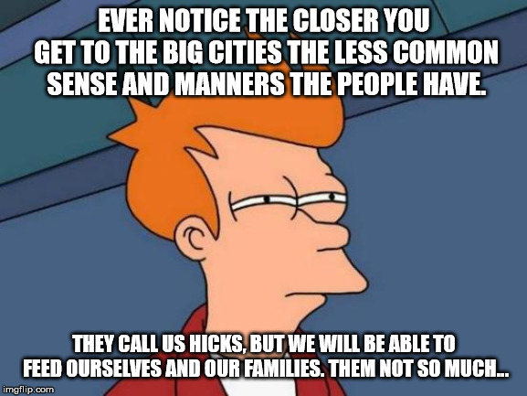 Futurama Fry Meme | EVER NOTICE THE CLOSER YOU GET TO THE BIG CITIES THE LESS COMMON SENSE AND MANNERS THE PEOPLE HAVE. THEY CALL US HICKS, BUT WE WILL BE ABLE TO FEED OURSELVES AND OUR FAMILIES. THEM NOT SO MUCH... | image tagged in memes,futurama fry | made w/ Imgflip meme maker