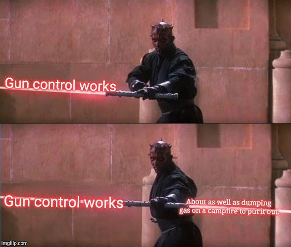 Darth maul doublesided lightsaber sentence finish | Gun control works; Gun control works; About as well as dumping gas on a campfire to put it out. | image tagged in darth maul doublesided lightsaber sentence finish | made w/ Imgflip meme maker