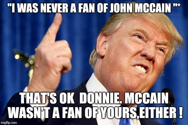Donald Trump | "I WAS NEVER A FAN OF JOHN MCCAIN "* THAT'S OK  DONNIE. MCCAIN WASN'T A FAN OF YOURS,EITHER ! | image tagged in donald trump | made w/ Imgflip meme maker