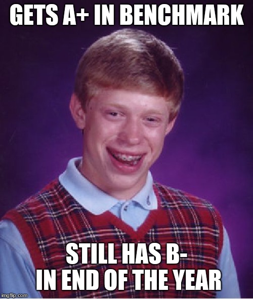 Bad Luck Brian | GETS A+ IN BENCHMARK; STILL HAS B- IN END OF THE YEAR | image tagged in memes,bad luck brian | made w/ Imgflip meme maker
