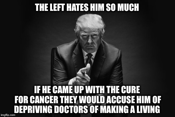 He does poke them in the eye occasionally... | THE LEFT HATES HIM SO MUCH; IF HE CAME UP WITH THE CURE FOR CANCER THEY WOULD ACCUSE HIM OF DEPRIVING DOCTORS OF MAKING A LIVING | image tagged in donald trump thug life,cancer,democrats,haters gonna hate | made w/ Imgflip meme maker
