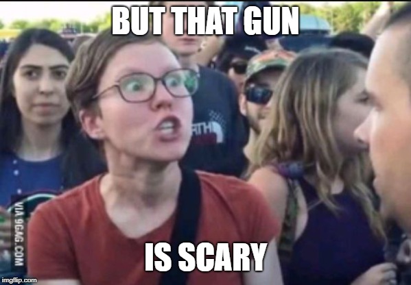 Femenist stereotype | BUT THAT GUN IS SCARY | image tagged in femenist stereotype | made w/ Imgflip meme maker