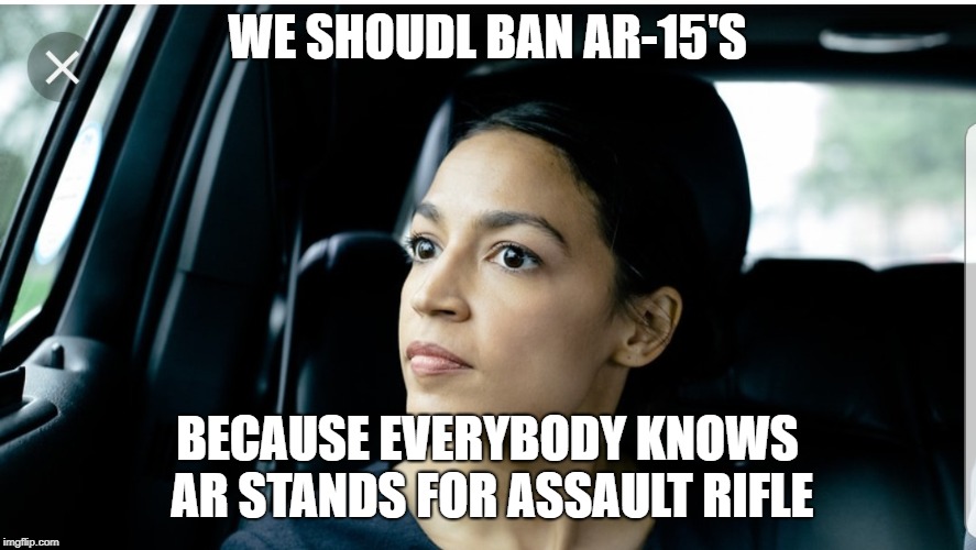 Alexandria Deep Thoughts | WE SHOUDL BAN AR-15'S BECAUSE EVERYBODY KNOWS AR STANDS FOR ASSAULT RIFLE | image tagged in alexandria deep thoughts | made w/ Imgflip meme maker
