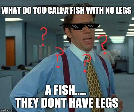 That Would Be Great |  WHAT DO YOU CALL A FISH WITH NO LEGS; A FISH..... THEY DONT HAVE LEGS | image tagged in memes,that would be great | made w/ Imgflip meme maker