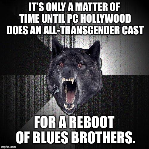 Blues Brothers getting a gender change | IT’S ONLY A MATTER OF TIME UNTIL PC HOLLYWOOD DOES AN ALL-TRANSGENDER CAST; FOR A REBOOT OF BLUES BROTHERS. | image tagged in memes,insanity wolf,blues brothers,transgender,politically correct,movie | made w/ Imgflip meme maker