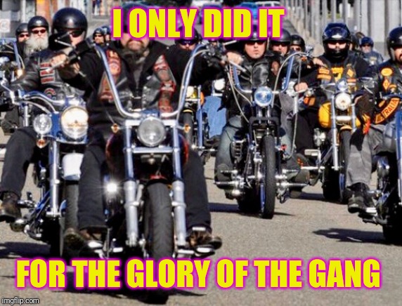 Harley Davidson  | I ONLY DID IT FOR THE GLORY OF THE GANG | image tagged in harley davidson | made w/ Imgflip meme maker