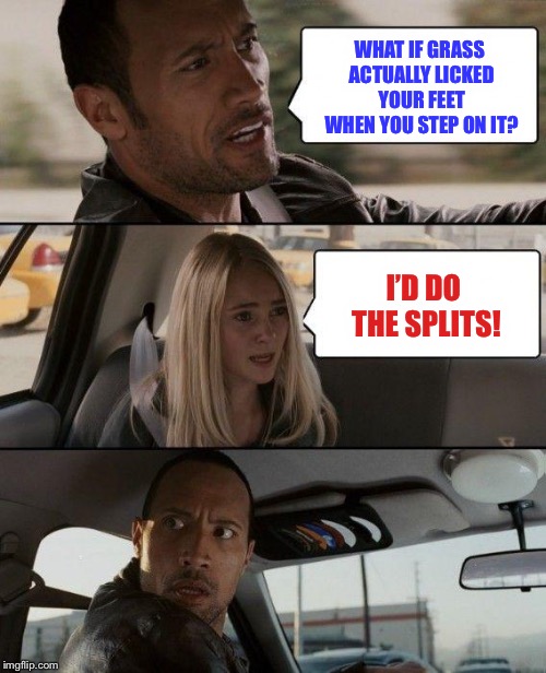 The Rock Driving | WHAT IF GRASS ACTUALLY LICKED YOUR FEET WHEN YOU STEP ON IT? I’D DO THE SPLITS! | image tagged in memes,the rock driving,grass,the splits,funny | made w/ Imgflip meme maker
