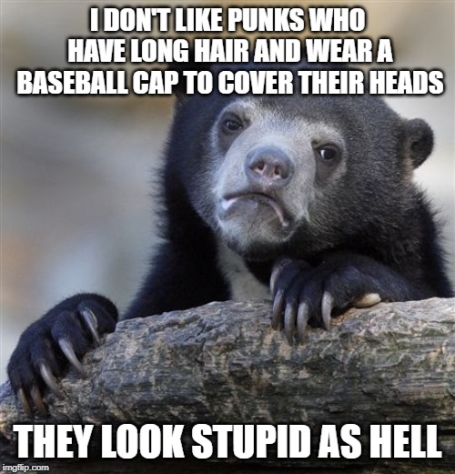 Confession Bear | I DON'T LIKE PUNKS WHO HAVE LONG HAIR AND WEAR A BASEBALL CAP TO COVER THEIR HEADS; THEY LOOK STUPID AS HELL | image tagged in memes,confession bear | made w/ Imgflip meme maker
