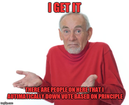 Old Man Shrugging | I GET IT THERE ARE PEOPLE ON HERE THAT I AUTIMATICALLY DOWN VOTE BASED ON PRINCIPLE | image tagged in old man shrugging | made w/ Imgflip meme maker