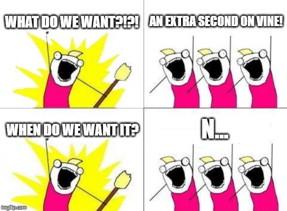 What Do We Want Meme | WHAT DO WE WANT?!?! AN EXTRA SECOND ON VINE! N... WHEN DO WE WANT IT? | image tagged in memes,what do we want | made w/ Imgflip meme maker