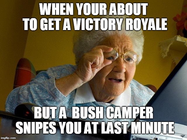 Grandma Finds The Internet | WHEN YOUR ABOUT TO GET A VICTORY ROYALE; BUT A  BUSH CAMPER SNIPES YOU AT LAST MINUTE | image tagged in memes,grandma finds the internet | made w/ Imgflip meme maker