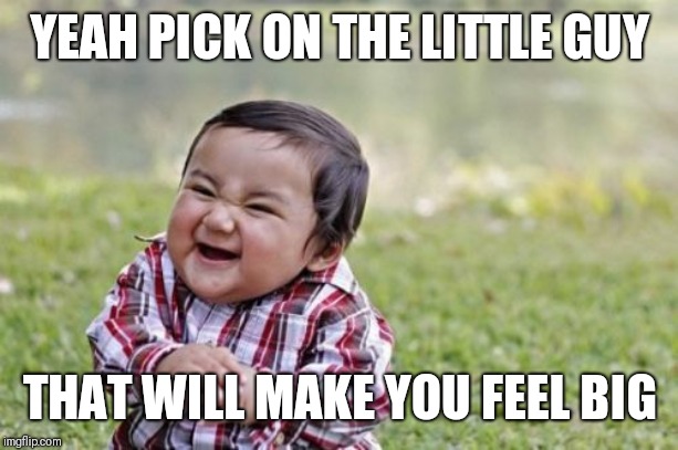 Evil Toddler | YEAH PICK ON THE LITTLE GUY; THAT WILL MAKE YOU FEEL BIG | image tagged in memes,evil toddler | made w/ Imgflip meme maker
