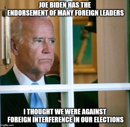 Sad Joe Biden | JOE BIDEN HAS THE ENDORSEMENT OF MANY FOREIGN LEADERS; I THOUGHT WE WERE AGAINST FOREIGN INTERFERENCE IN OUR ELECTIONS | image tagged in sad joe biden | made w/ Imgflip meme maker