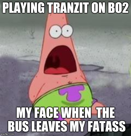 Suprised Patrick | PLAYING TRANZIT ON BO2; MY FACE WHEN  THE BUS LEAVES MY FATASS | image tagged in suprised patrick | made w/ Imgflip meme maker