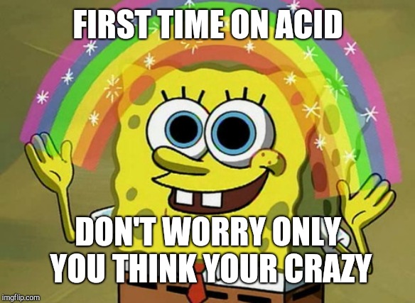 Imagination Spongebob | FIRST TIME ON ACID; DON'T WORRY ONLY YOU THINK YOUR CRAZY | image tagged in memes,imagination spongebob | made w/ Imgflip meme maker
