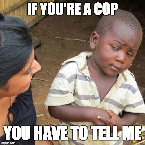 Third World Skeptical Kid Meme | IF YOU'RE A COP; YOU HAVE TO TELL ME | image tagged in memes,third world skeptical kid | made w/ Imgflip meme maker