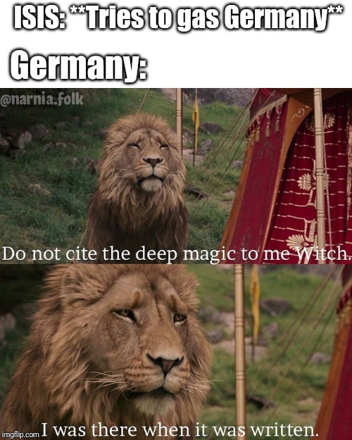 Do not cite the deep magic to me witch | ISIS: **Tries to gas Germany**; Germany: | image tagged in do not cite the deep magic to me witch | made w/ Imgflip meme maker
