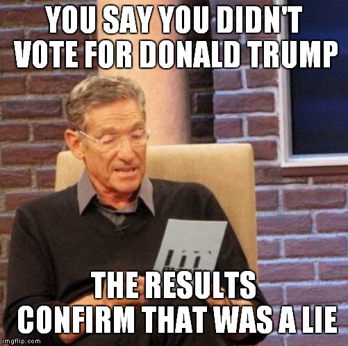 Maury Lie Detector | YOU SAY YOU DIDN'T VOTE FOR DONALD TRUMP; THE RESULTS CONFIRM THAT WAS A LIE | image tagged in memes,maury lie detector | made w/ Imgflip meme maker
