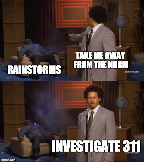 Who Killed Hannibal | TAKE ME AWAY FROM THE NORM; RAINSTORMS; INVESTIGATE 311 | image tagged in memes,who killed hannibal | made w/ Imgflip meme maker