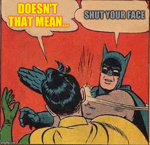 Batman Slapping Robin Meme | DOESN'T THAT MEAN... SHUT YOUR FACE | image tagged in memes,batman slapping robin | made w/ Imgflip meme maker