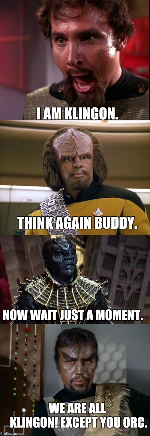 At Least That's What I Think About It. | I AM KLINGON. THINK AGAIN BUDDY. NOW WAIT JUST A MOMENT. WE ARE ALL KLINGON! EXCEPT YOU ORC. | image tagged in star trek,star trek the next generation,star trek discovery,klingon | made w/ Imgflip meme maker