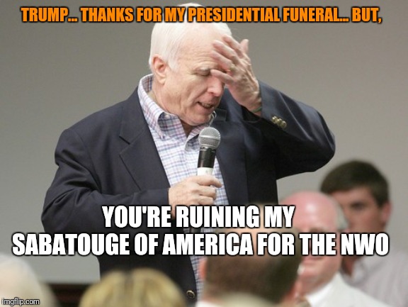 John McCain downloading | TRUMP... THANKS FOR MY PRESIDENTIAL FUNERAL... BUT, YOU'RE RUINING MY SABATOUGE OF AMERICA FOR THE NWO | image tagged in john mccain downloading | made w/ Imgflip meme maker