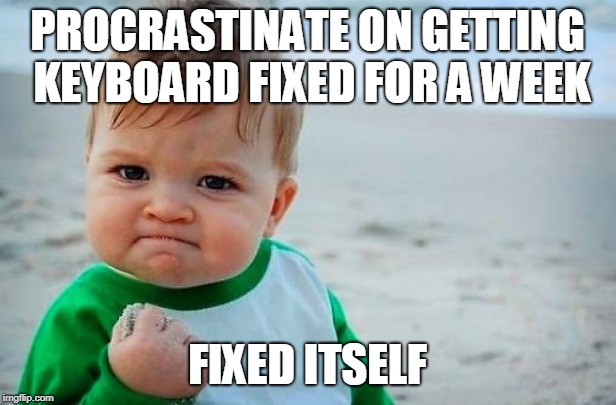 Victory Baby | PROCRASTINATE ON GETTING KEYBOARD FIXED FOR A WEEK; FIXED ITSELF | image tagged in victory baby,AdviceAnimals | made w/ Imgflip meme maker