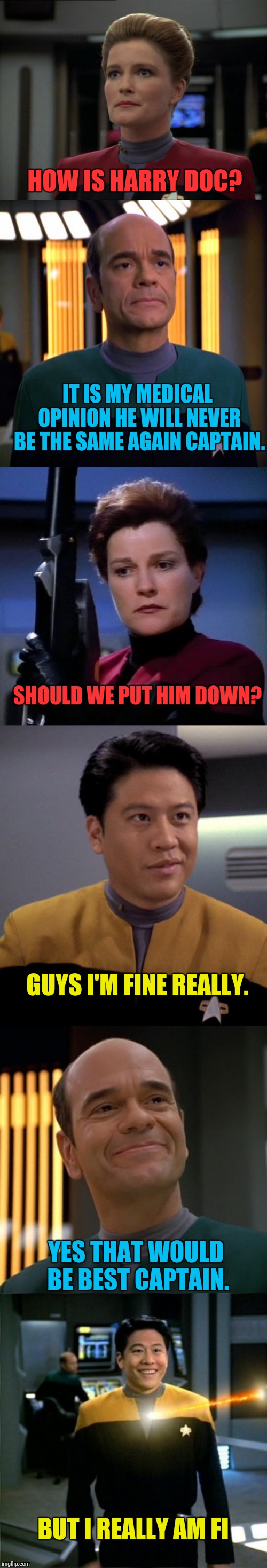 Old Yeller Style | HOW IS HARRY DOC? IT IS MY MEDICAL OPINION HE WILL NEVER BE THE SAME AGAIN CAPTAIN. SHOULD WE PUT HIM DOWN? GUYS I'M FINE REALLY. YES THAT WOULD BE BEST CAPTAIN. BUT I REALLY AM FI | image tagged in star trek voyager,the doctor,janeway,euthanasia | made w/ Imgflip meme maker