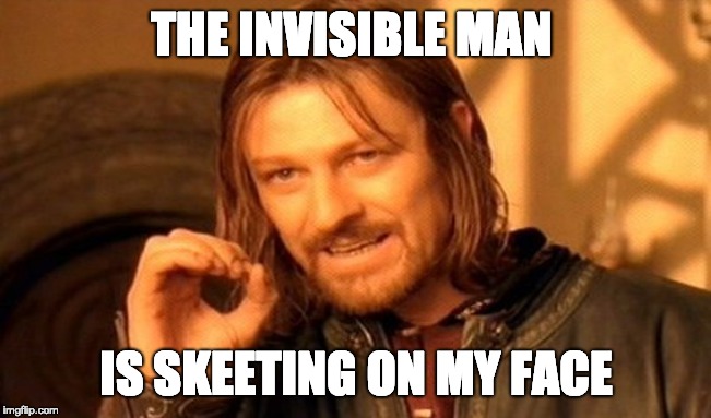 One Does Not Simply | THE INVISIBLE MAN; IS SKEETING ON MY FACE | image tagged in memes,one does not simply | made w/ Imgflip meme maker