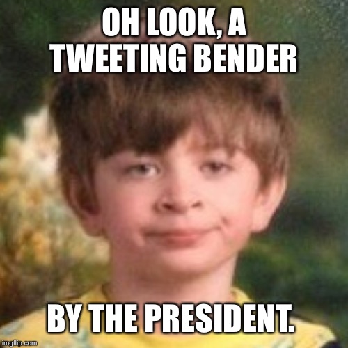 Annoyed face | OH LOOK, A TWEETING BENDER; BY THE PRESIDENT. | image tagged in annoyed face | made w/ Imgflip meme maker