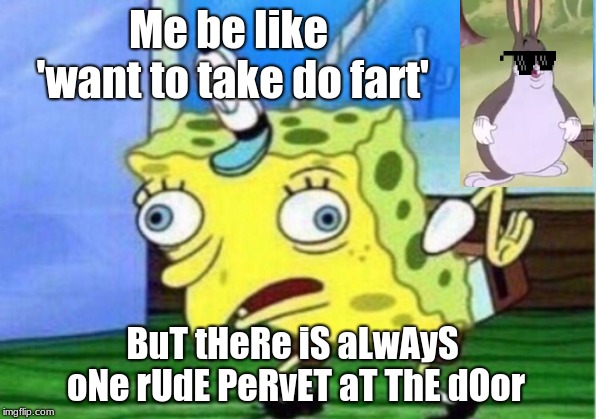 Mocking Spongebob Meme | Me be like 'want to take do fart'; BuT tHeRe iS aLwAyS oNe rUdE PeRvET aT ThE dOor | image tagged in memes,mocking spongebob | made w/ Imgflip meme maker