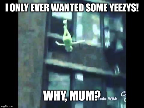 Kermit Suicide | I ONLY EVER WANTED SOME YEEZYS! WHY, MUM? | image tagged in kermit suicide | made w/ Imgflip meme maker