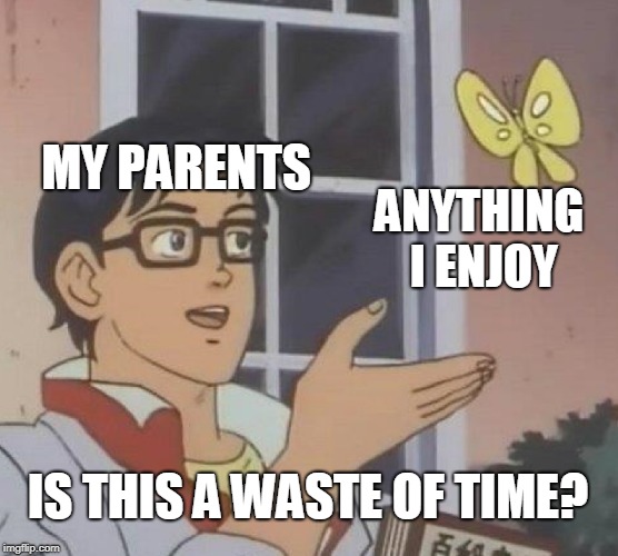 Is This A Pigeon Meme | MY PARENTS; ANYTHING I ENJOY; IS THIS A WASTE OF TIME? | image tagged in memes,is this a pigeon | made w/ Imgflip meme maker