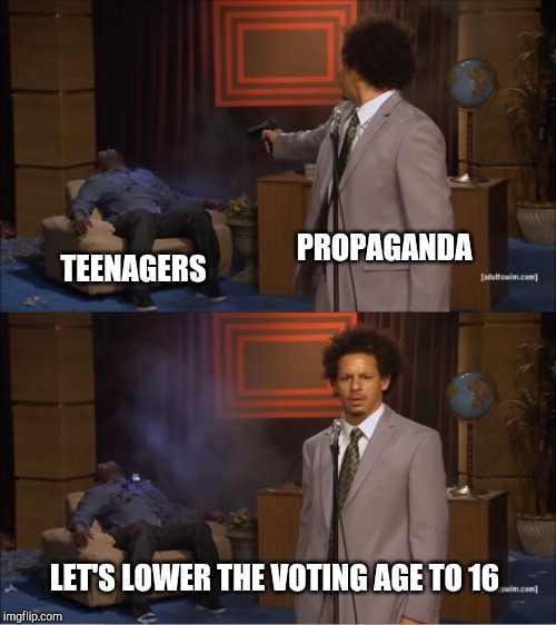 Who Killed Hannibal | PROPAGANDA; TEENAGERS; LET'S LOWER THE VOTING AGE TO 16 | image tagged in memes,who killed hannibal | made w/ Imgflip meme maker