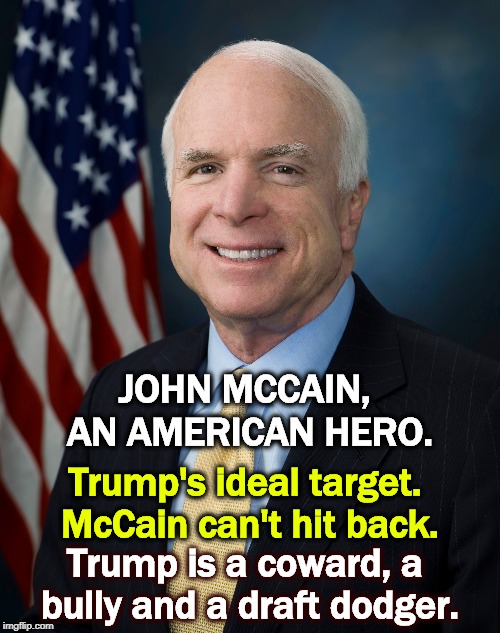 JOHN MCCAIN, AN AMERICAN HERO. Trump's ideal target. McCain can't hit back. Trump is a coward, a bully and a draft dodger. | image tagged in trump,mccain,hero,bully,coward,draft | made w/ Imgflip meme maker