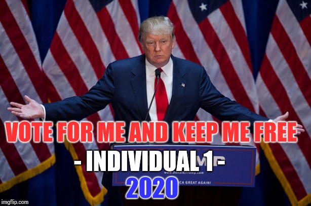 Fox On The Run | VOTE FOR ME AND KEEP ME FREE; - INDIVIDUAL 1 -; 2020 | image tagged in donald trump,trump unfit unqualified dangerous,lock him up,memes,ignorant,ignorance | made w/ Imgflip meme maker