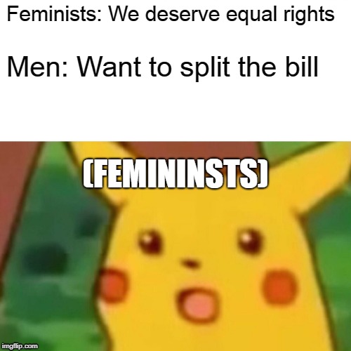 Surprised Pikachu | Feminists: We deserve equal rights; Men: Want to split the bill; (FEMININSTS) | image tagged in memes,surprised pikachu | made w/ Imgflip meme maker