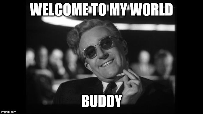dr strangelove | WELCOME TO MY WORLD BUDDY | image tagged in dr strangelove | made w/ Imgflip meme maker