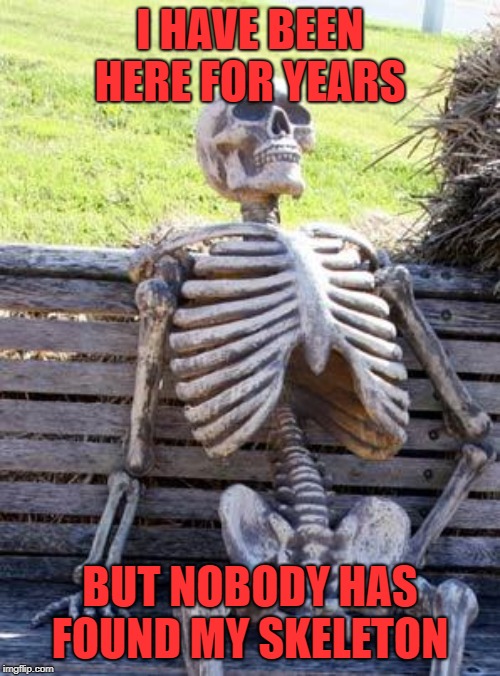 Waiting Skeleton | I HAVE BEEN HERE FOR YEARS; BUT NOBODY HAS FOUND MY SKELETON | image tagged in memes,waiting skeleton | made w/ Imgflip meme maker