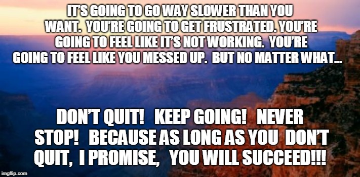motivation | IT’S GOING TO GO WAY SLOWER THAN YOU WANT.  YOU’RE GOING TO GET FRUSTRATED. YOU’RE GOING TO FEEL LIKE IT’S NOT WORKING.  YOU’RE GOING TO FEEL LIKE YOU MESSED UP.  BUT NO MATTER WHAT…; DON’T QUIT!  
KEEP GOING!  
NEVER STOP!  
BECAUSE AS LONG AS YOU 
DON’T QUIT,  I PROMISE, 

YOU WILL SUCCEED!!! | image tagged in motivation | made w/ Imgflip meme maker