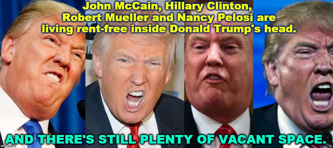 John McCain, Hillary Clinton, Robert Mueller and Nancy Pelosi are living rent-free inside Donald Trump's head. AND THERE'S STILL PLENTY OF VACANT SPACE. | image tagged in trump,nancy pelosi,robert mueller,john mccain,hillary clinton | made w/ Imgflip meme maker