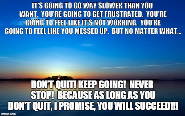 Inspirational Quote | IT'S GOING TO GO WAY SLOWER THAN YOU WANT.  YOU'RE GOING TO GET FRUSTRATED.  YOU'RE GOING TO FEEL LIKE IT'S NOT WORKING.  YOU'RE GOING TO FEEL LIKE YOU MESSED UP.  BUT NO MATTER WHAT... DON’T QUIT! KEEP GOING!  NEVER STOP!  BECAUSE AS LONG AS YOU DON’T QUIT, I PROMISE, YOU WILL SUCCEED!!! | image tagged in inspirational quote | made w/ Imgflip meme maker